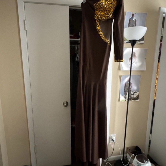 Elegant Long Sleeve Brown Dress with Gold Detailing